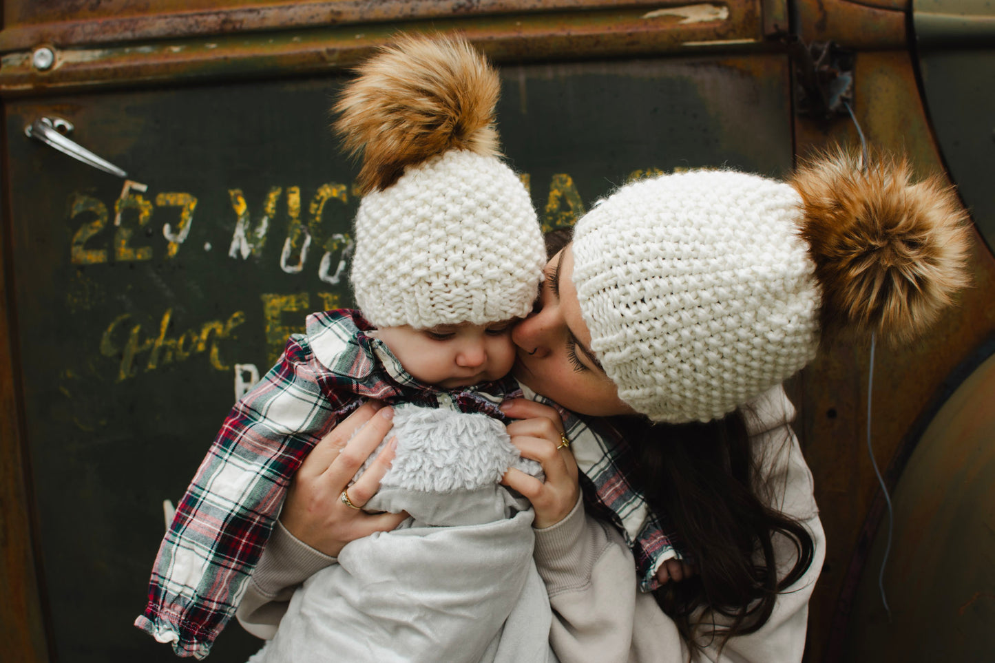 Toque with faux fur pompom